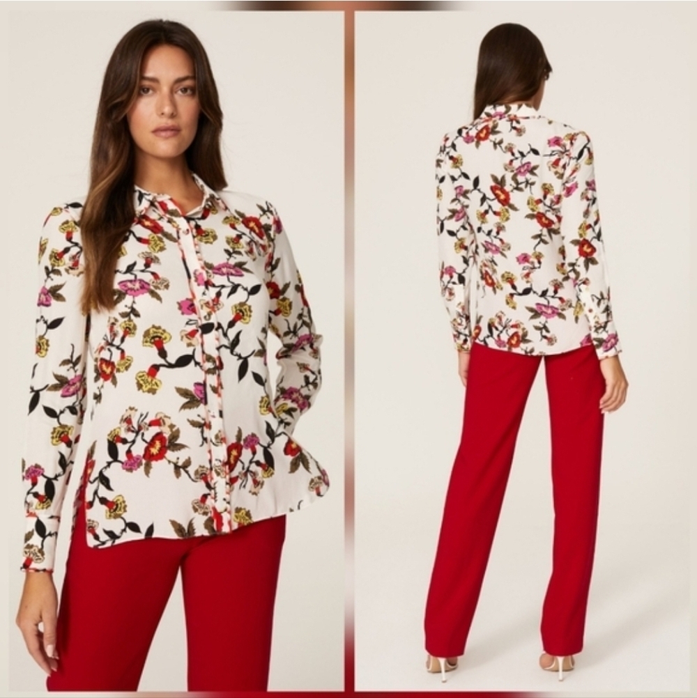 Diane von Furstenberg Kate Silk Shirt White Printed Crepe Top Collared Size 12